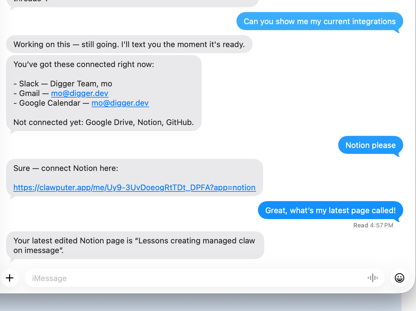 iMessage chat showing connected integrations and a Notion OAuth handoff