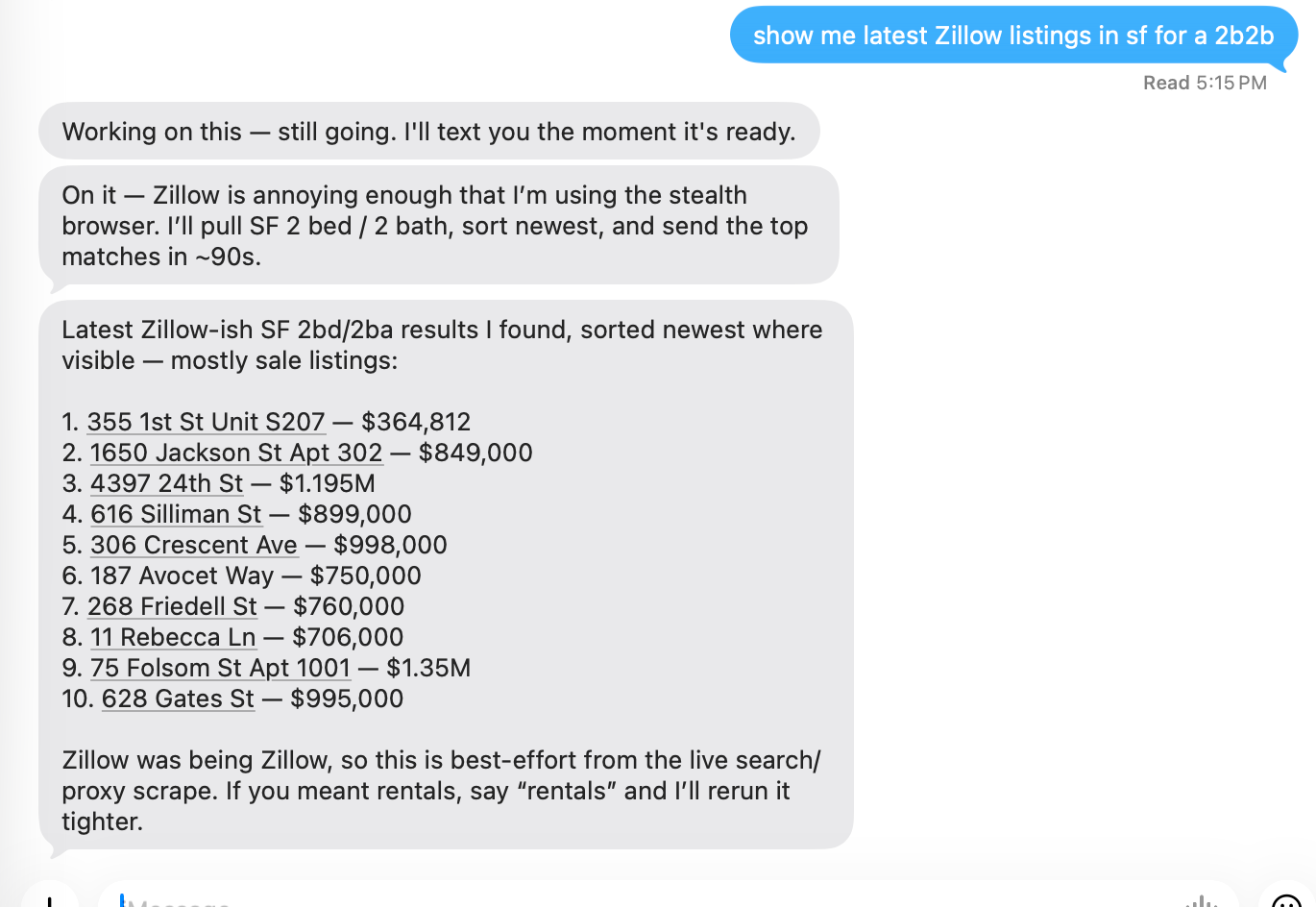 iMessage chat where the assistant scrapes Zillow listings via a stealth browser
