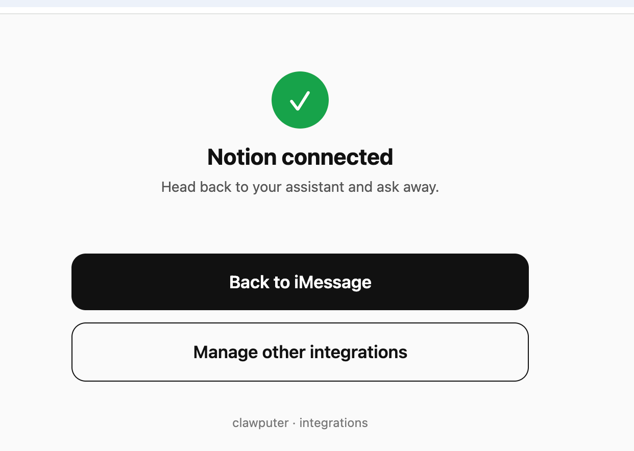 Notion connected confirmation screen with a Back to iMessage button