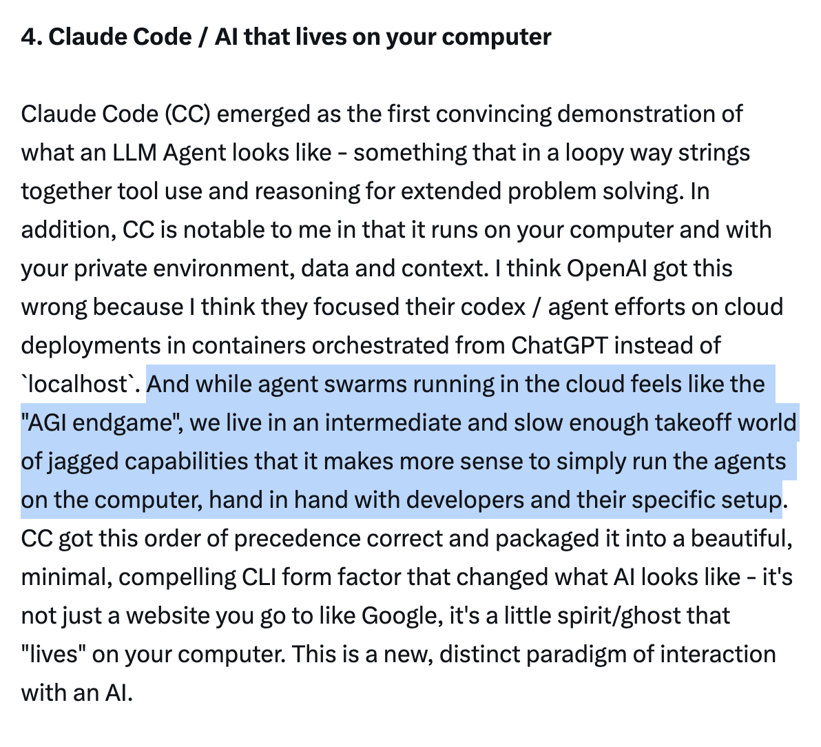 Excerpt from Andrej Karpathy's 2025 LLM year in review, section 4: Claude Code / AI that lives on your computer.