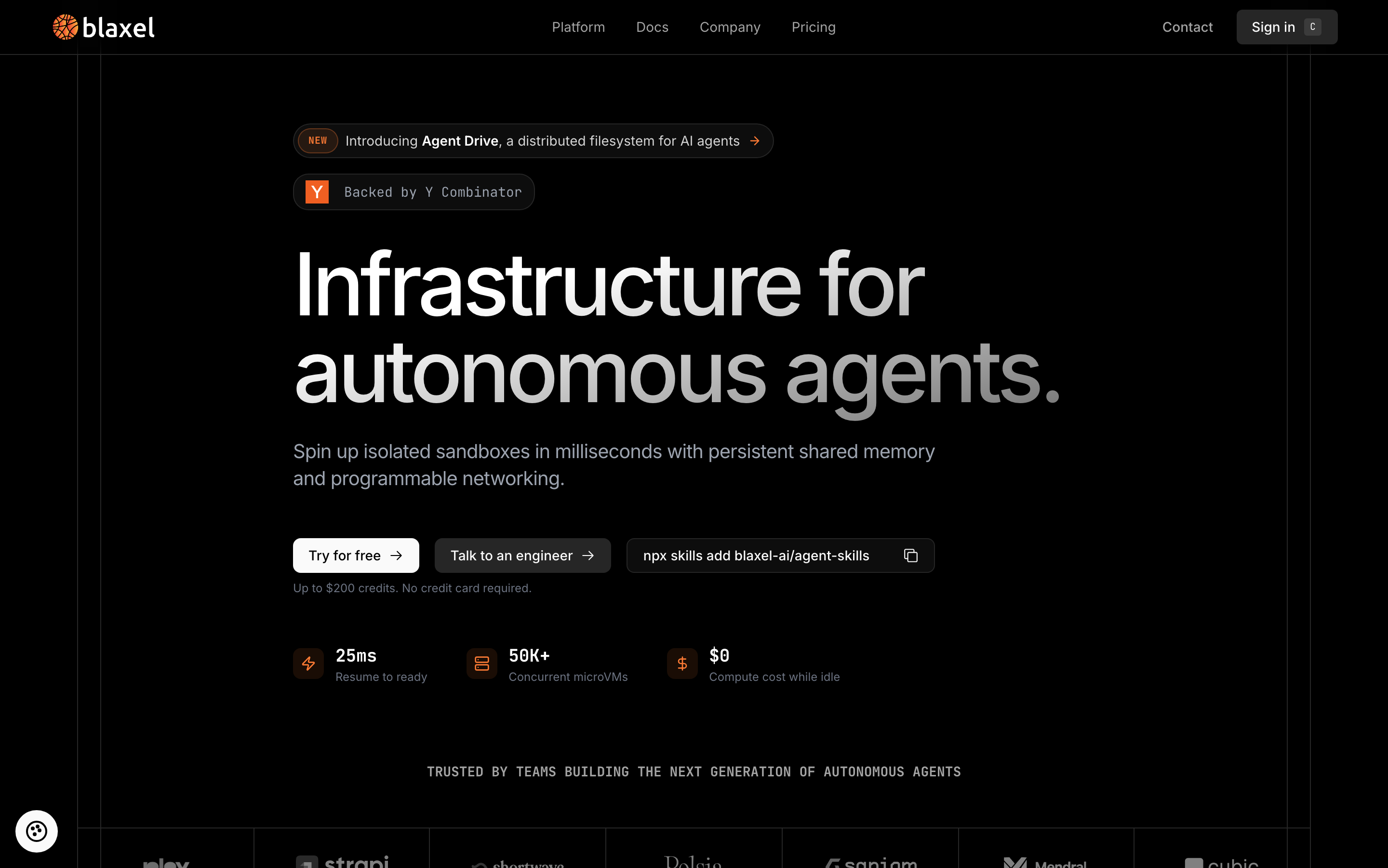 Blaxel homepage: "Infrastructure for autonomous agents." — isolated sandboxes in milliseconds, 25ms resume to ready, 50K+ concurrent microVMs, $0 compute cost while idle