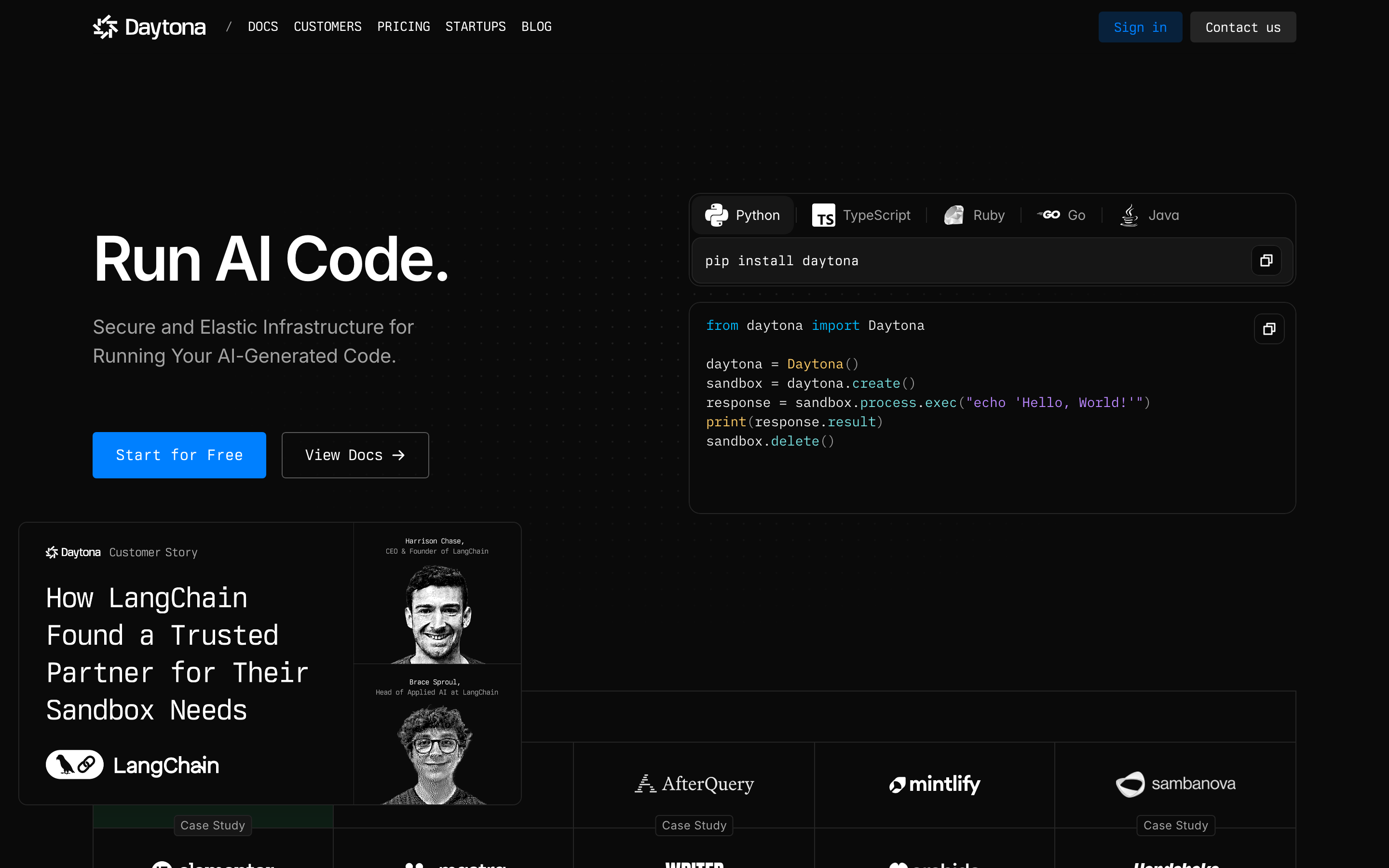 Daytona homepage: "Run AI Code." — secure and elastic infrastructure for running AI-generated code, with SDKs in Python, TypeScript, Ruby, Go, and Java