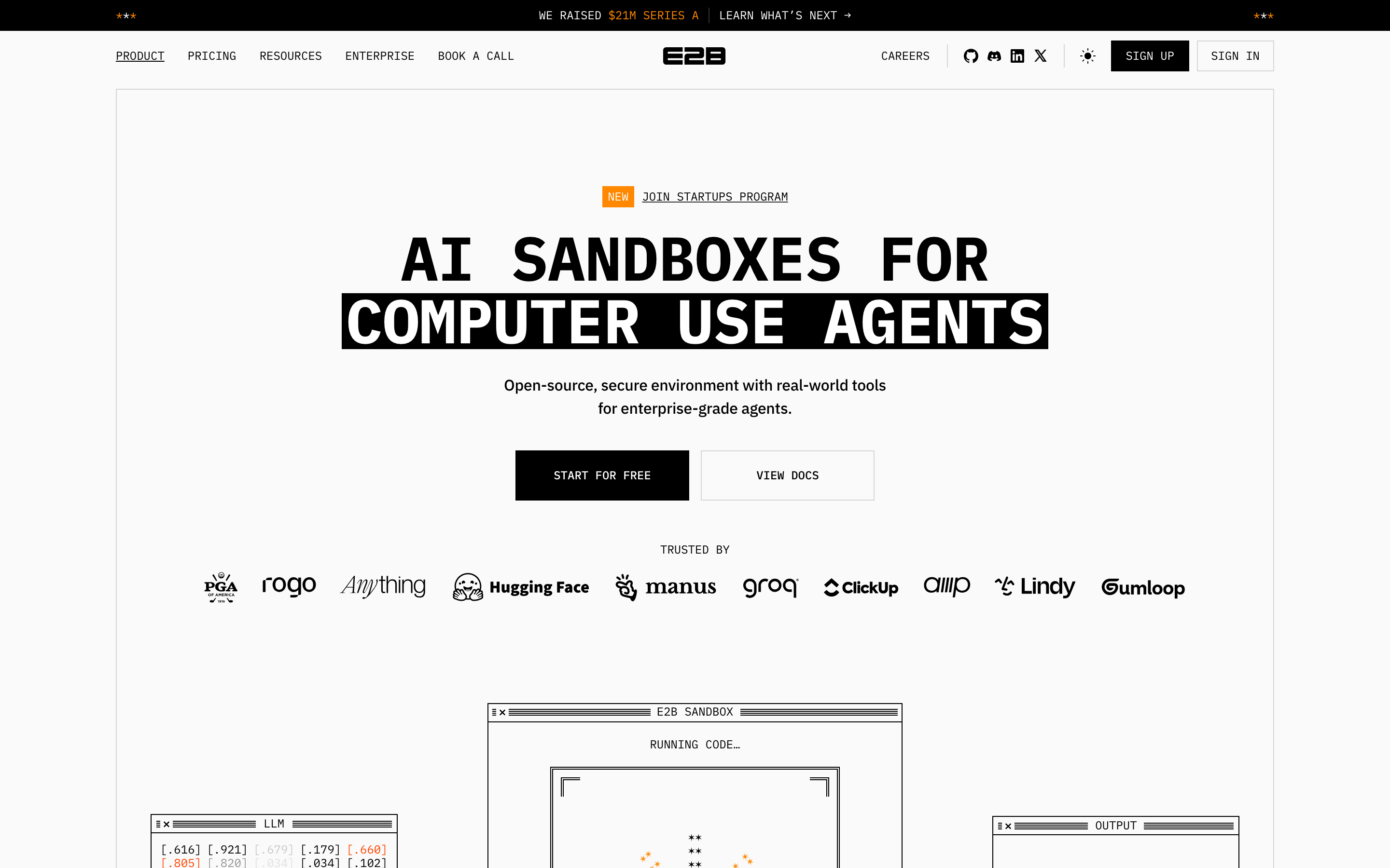 E2B homepage: "AI sandboxes for computer use agents" — an open-source, secure environment with real-world tools for enterprise-grade agents