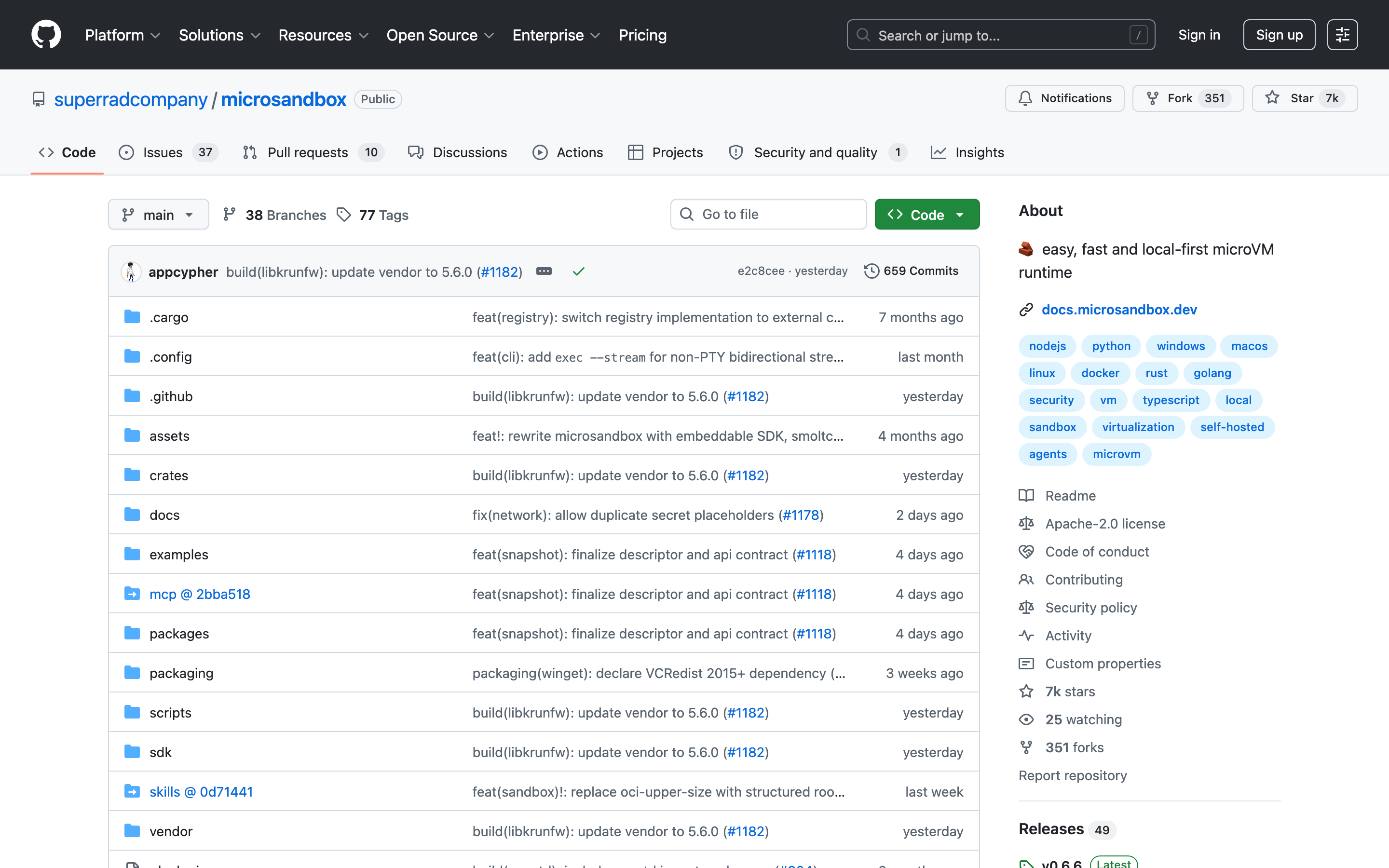 The microsandbox GitHub repository: an Apache-2.0, self-hosted microVM runtime described as "easy, fast and local-first"