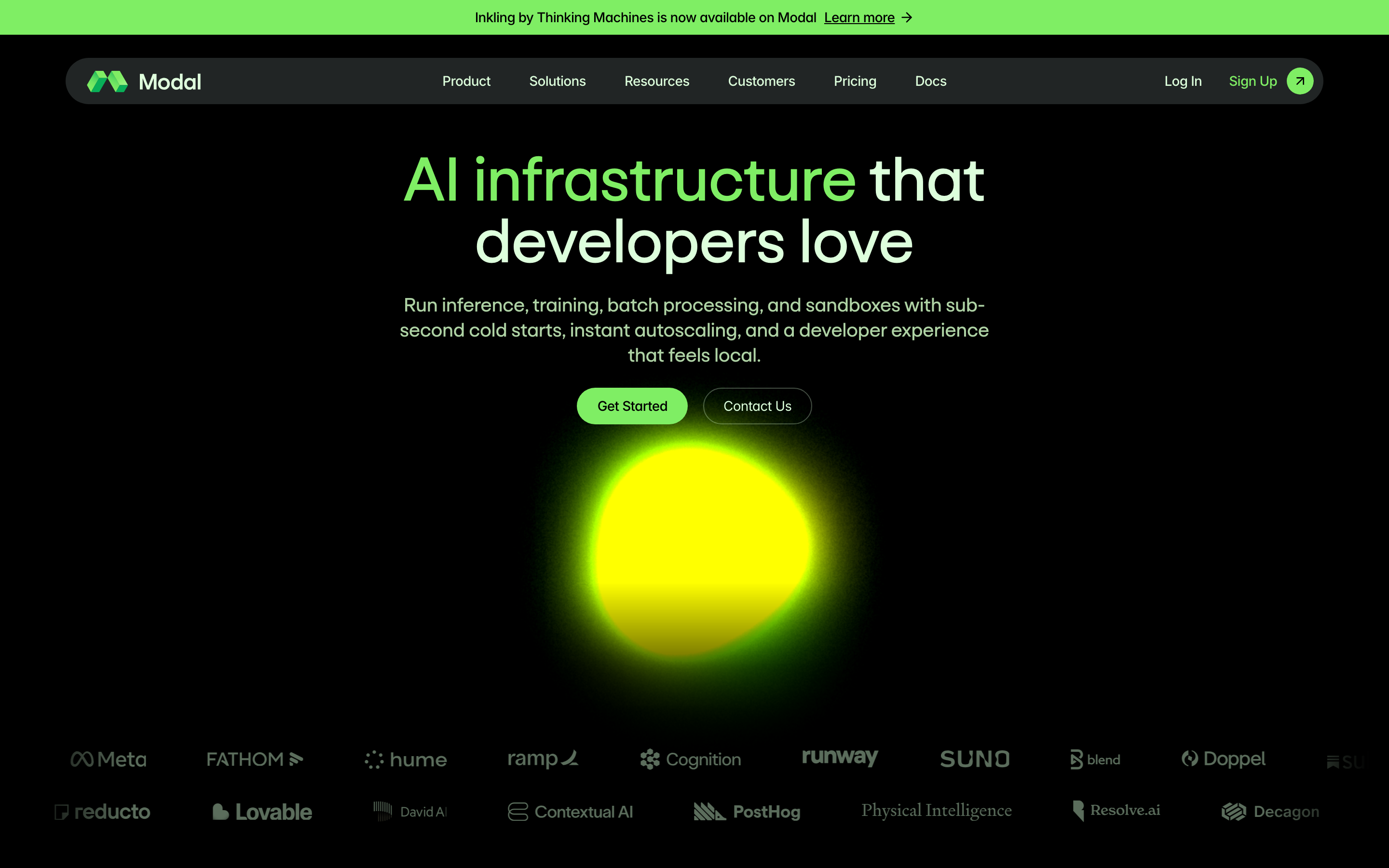 Modal homepage: "AI infrastructure that developers love" — inference, training, batch processing, and sandboxes with sub-second cold starts and instant autoscaling