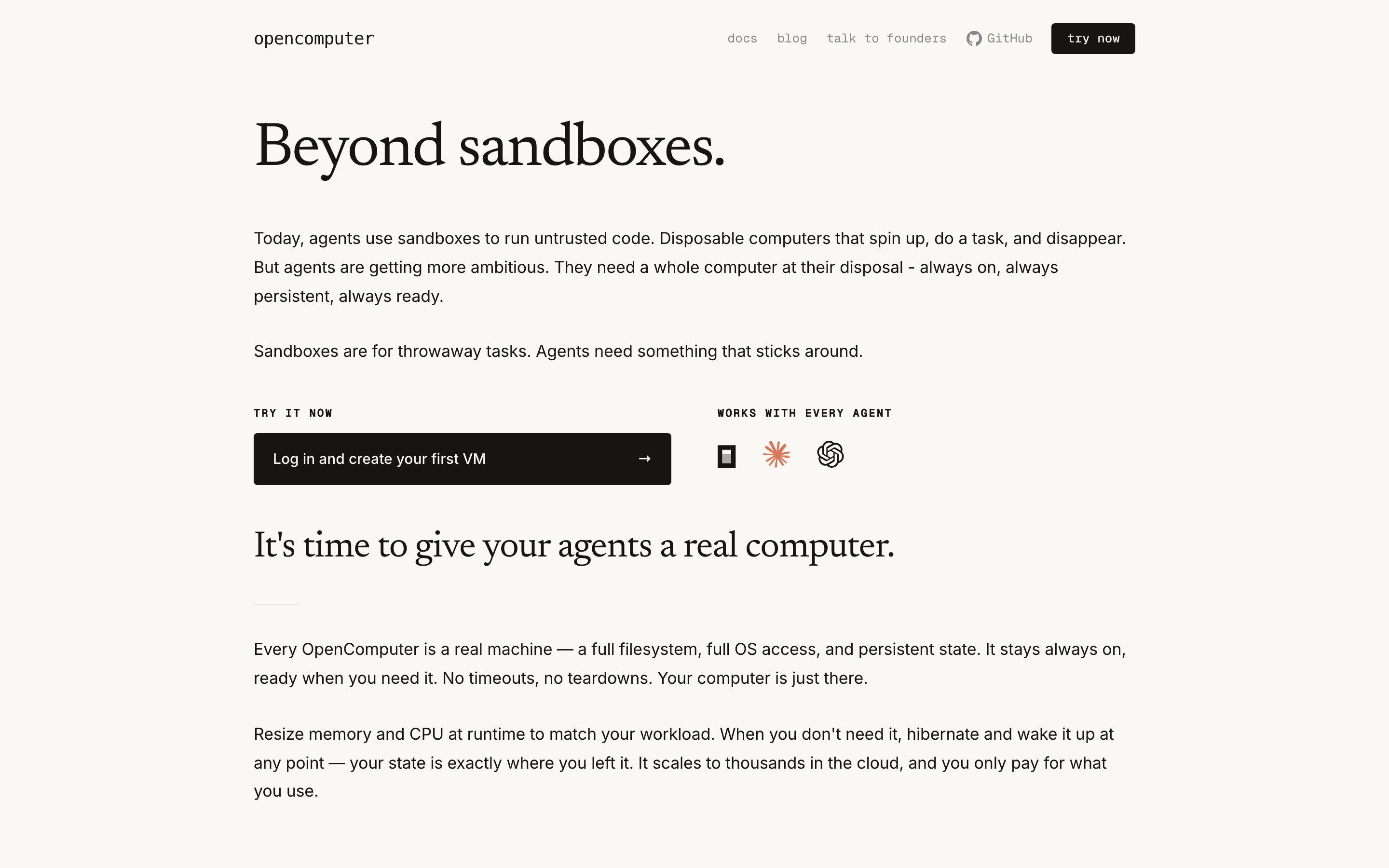 Opencomputer homepage: "Beyond sandboxes." — agents need a whole computer at their disposal, always on, always persistent, always ready