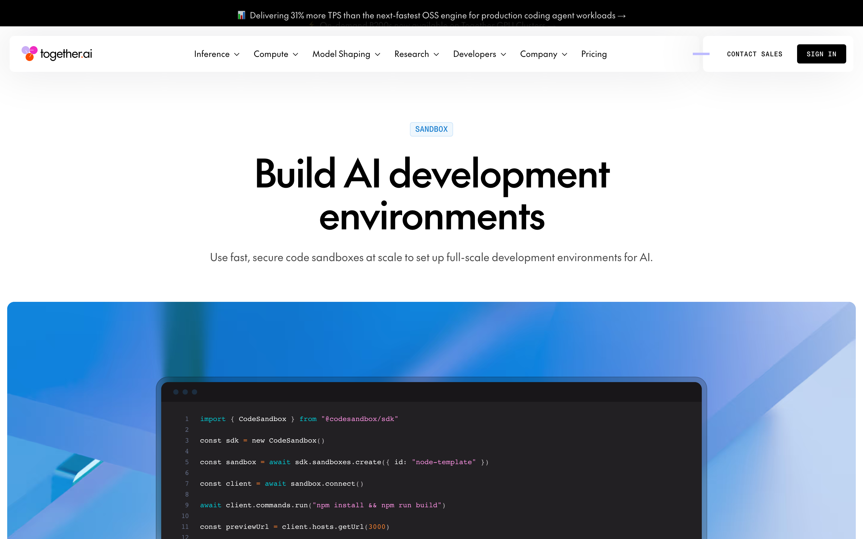 Together AI's Code Sandbox page: "Build AI development environments" — fast, secure code sandboxes at scale, with the CodeSandbox SDK import visible in the code example