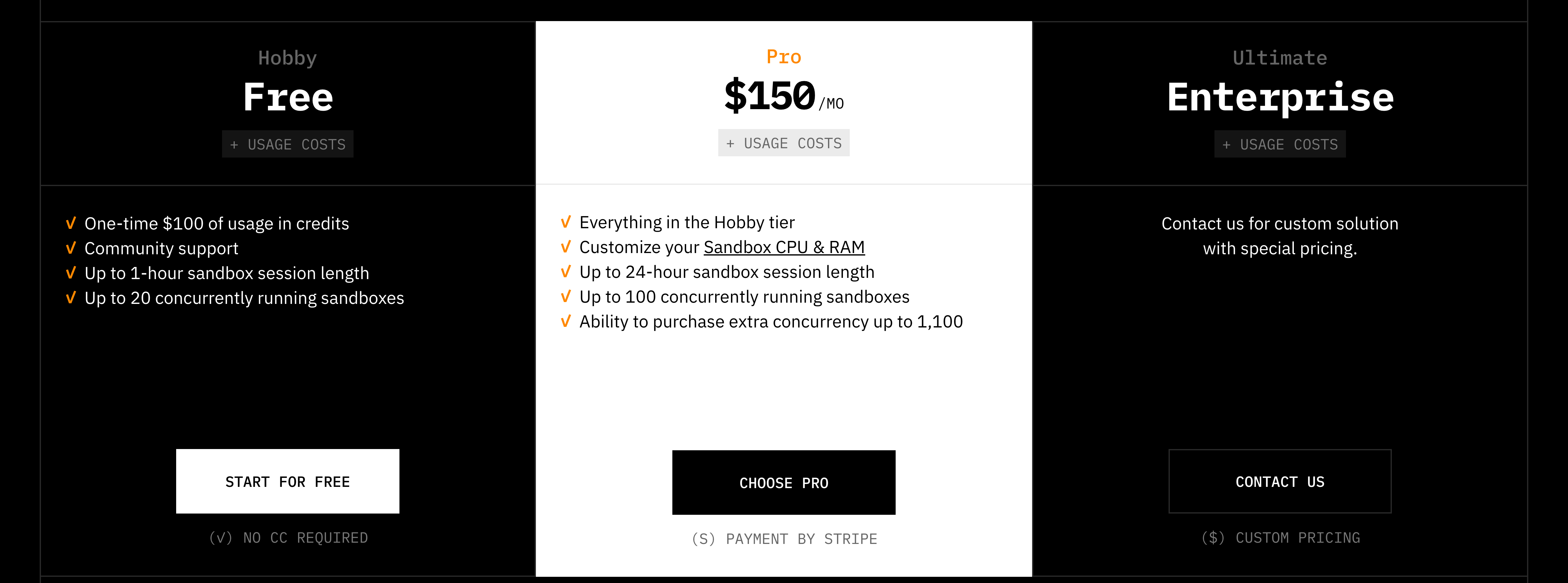 E2B pricing tiers and per-second compute rates