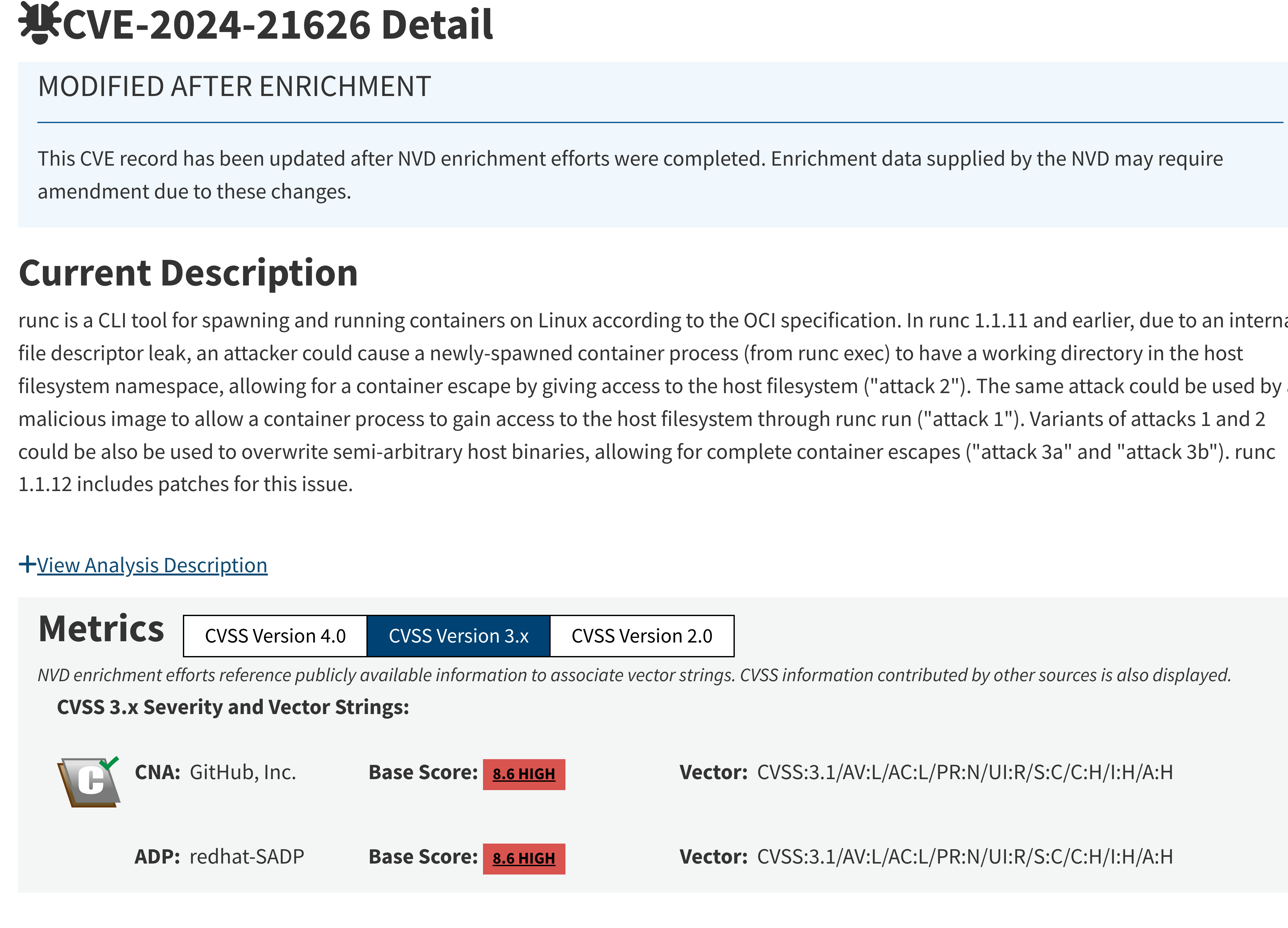 CVE-2024-21626 runc container escape on NVD