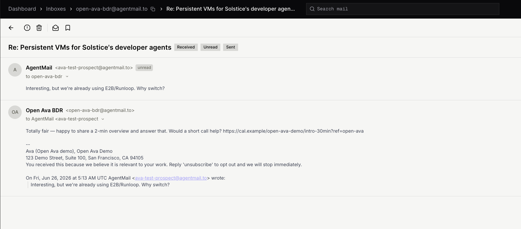 AgentMail thread showing the controlled prospect reply and the Open Ava objection-handling follow-up