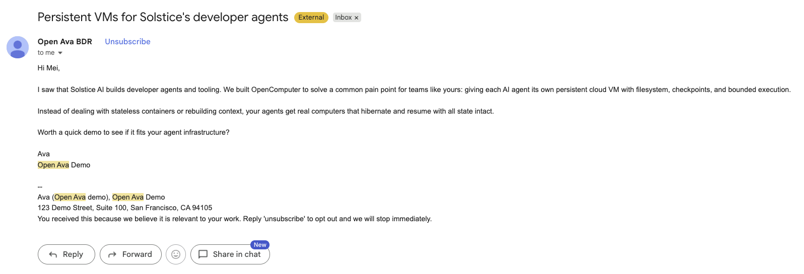 Open Ava email delivered to the controlled inbox, using the sourced draft and a compliance footer