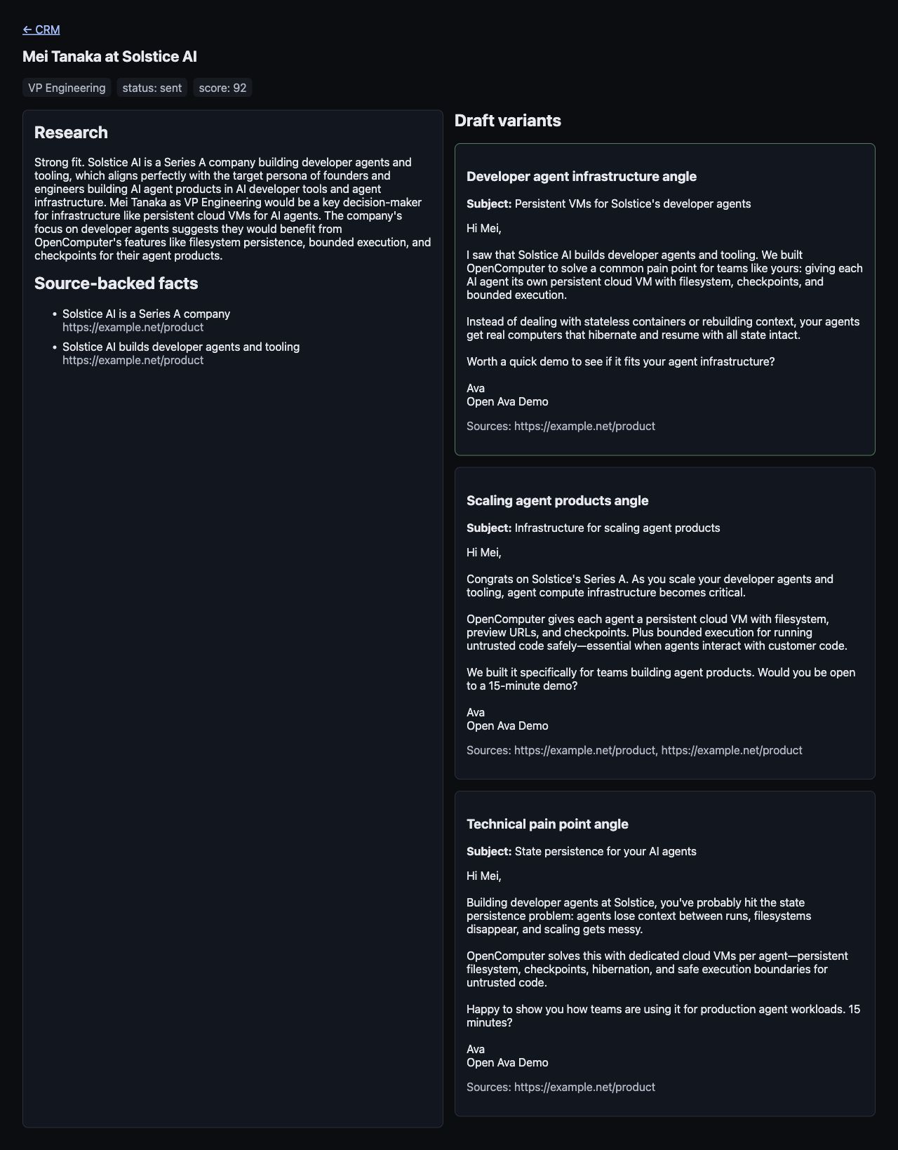 Lead card for the qualified lead, with the stored research note, source-backed facts, and approved draft variants